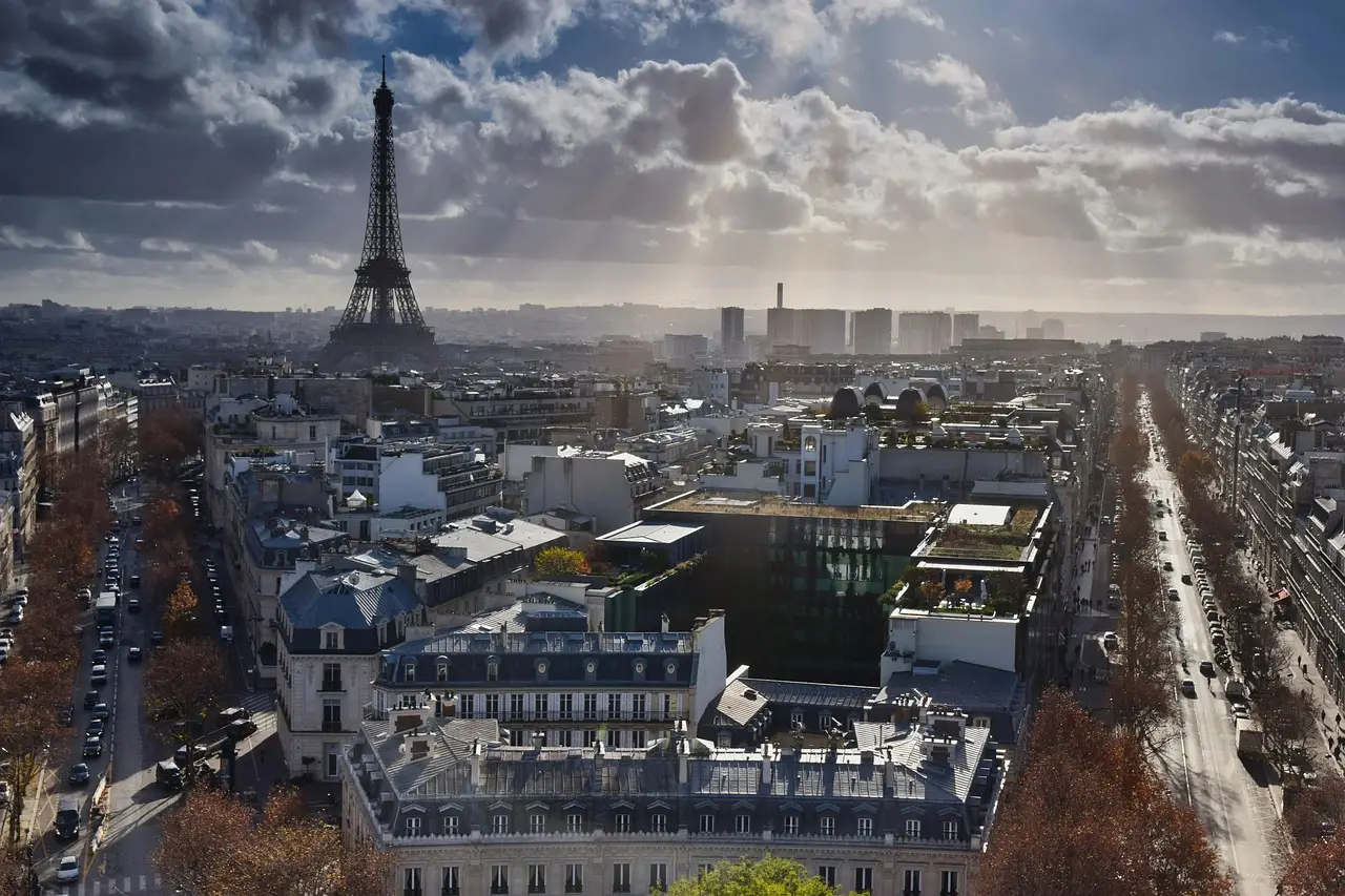 eiffel tower, paris, sightseeing, landmark, city, distant vision, tourist attraction, clouds, houses, mood, nature, viewpoint, france